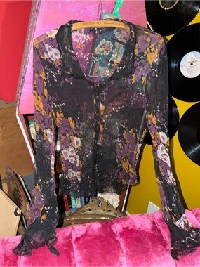 Sheer Black Floral Button-Front Blouse with Purple & Gold Accents - Women's